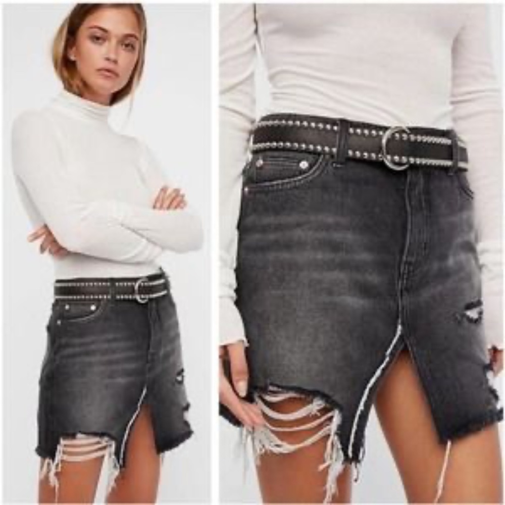 Free People Black Distressed Faded Relaxed Destroyed Raw Hem Denim Skirt